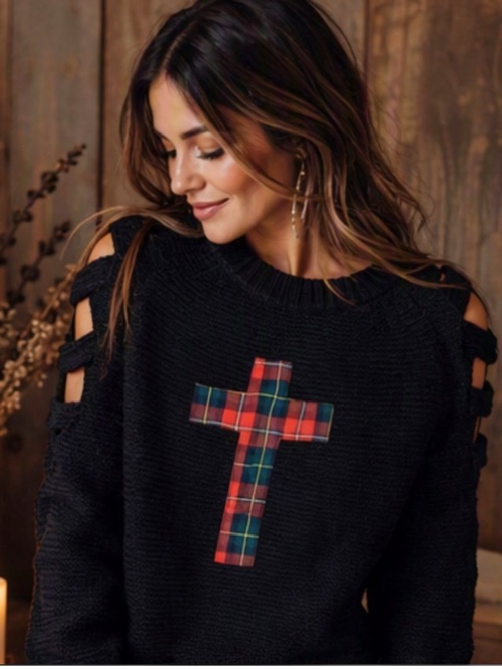 🌹 Forever 21 🌹 Plaid Cross Cutout Arms Knit Sweater